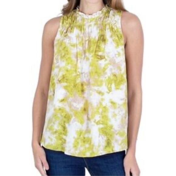 Joie Cream & Chartreuse Summer Porcelain Print Sleeveless Blouse SZ M - Picture 1 of 4